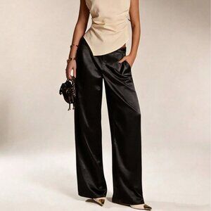 Black Casual Women's Satin Silk Pants With Pockets
